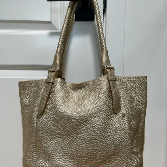 COLE HAAN GOLD Pebbled Leather Braided Handle 2 Way Tote Bag w/Charm - Picture 2 of 15